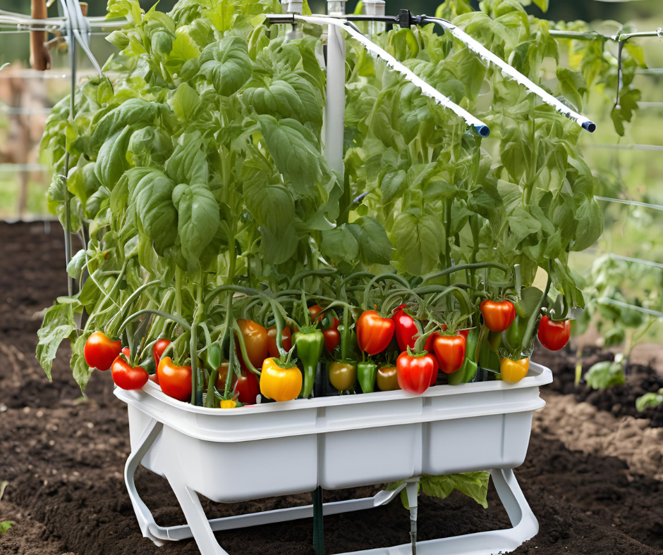 Chapin Bucket irrigation system watering plants with drip lines for efficient water use