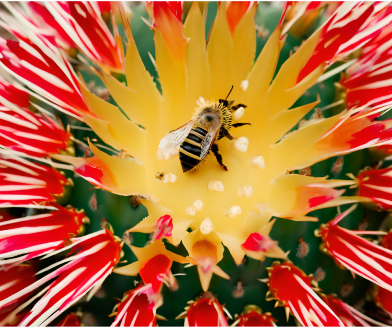 Barrel cactus and bee during pollination in desert ecosystem