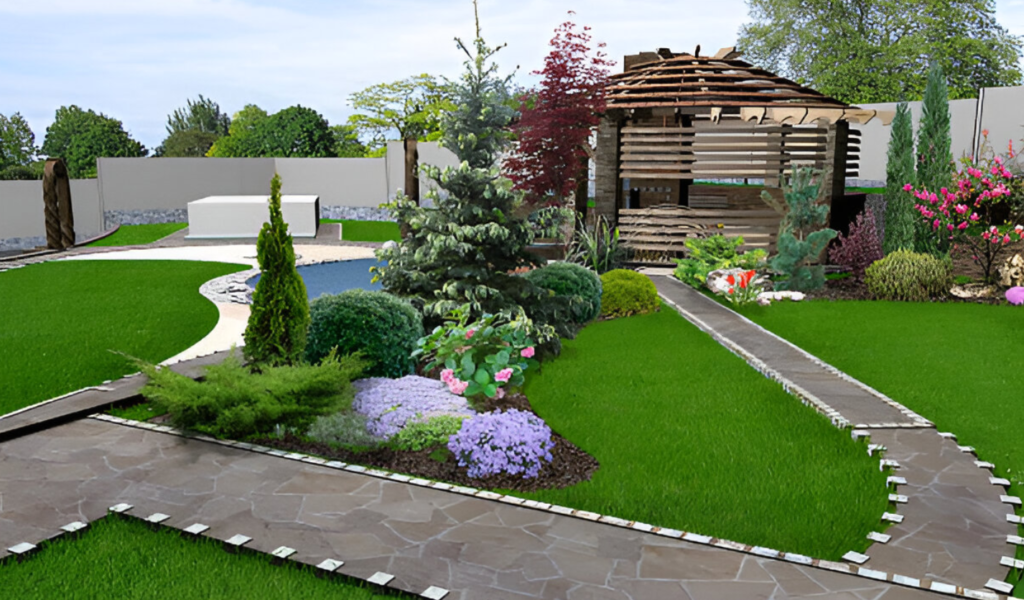 Completed brick walkway in a garden with a herringbone pattern and flower beds.