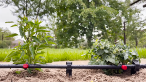 Farmer setting up a Chapin Bucket irrigation system with drip lines and stakes.