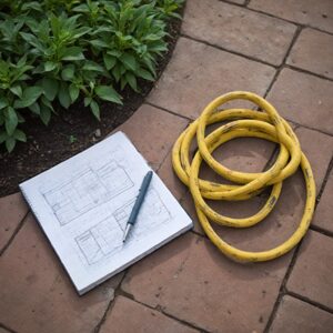 Planning a brick walkway design with a hose and measurements in a garden.