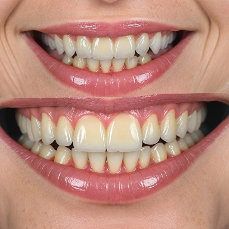 Plaque: The Hidden Enemy of Your Smile – A comparison between plaque buildup and clean, healthy teeth highlighting the importance of oral hygiene.