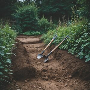 Preparing the ground for a brick walkway with a shovel and landscape fabric.