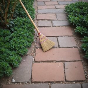 Laying bricks in a herringbone pattern for a garden walkway.